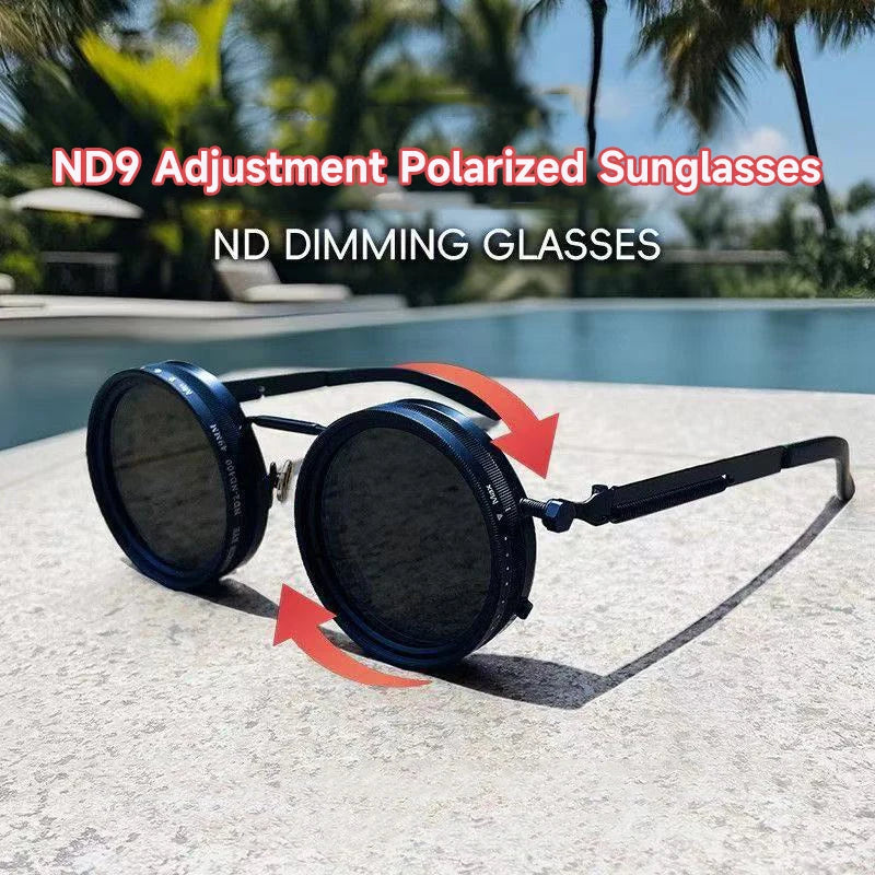 Adjustable Tint Polarized Sunglasses – 9-Level Dimming, UV400, Retro Round Frame